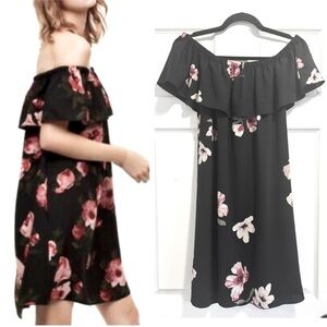 Aritzia Wilfred Neuchatel Off Shoulder Mini Dress Ruffled Black Floral Sz Medium